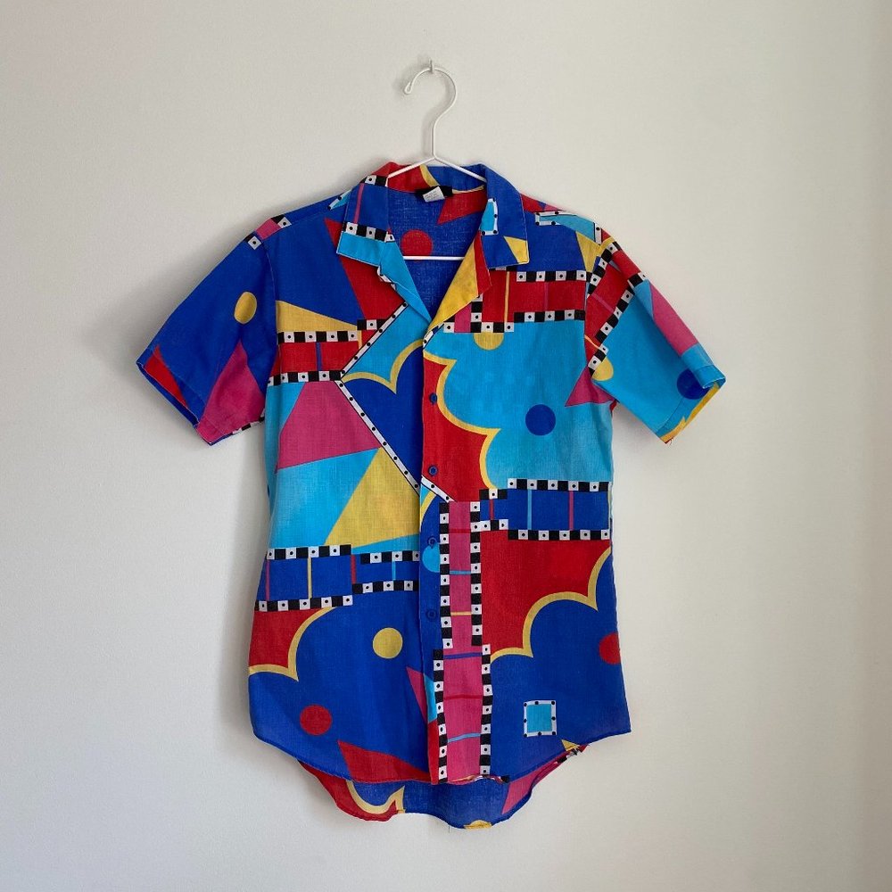 Vintage Boy's XL (Women's S) Short Sleeve Button Up, Old School Cool Print